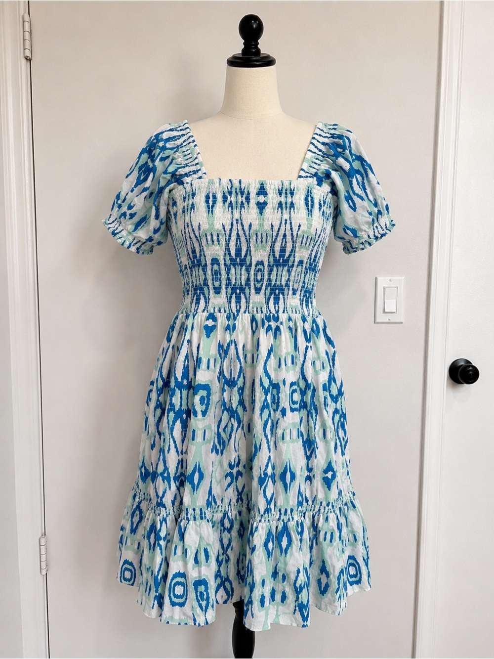 Sheridan French Blue Ikat Smocked Midi Dress